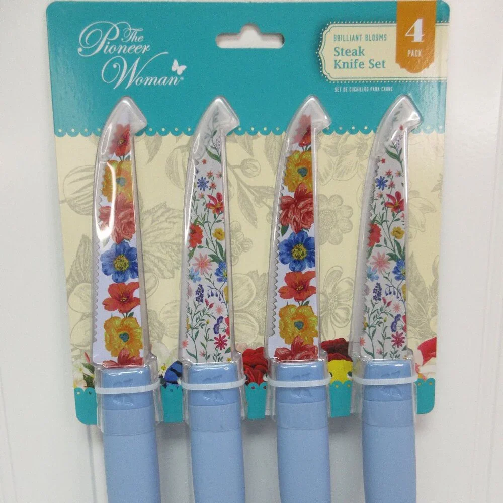 Pioneer Woman Steak Knife Set 4pc Brilliant Blooms Floral Blue Stainless Steel